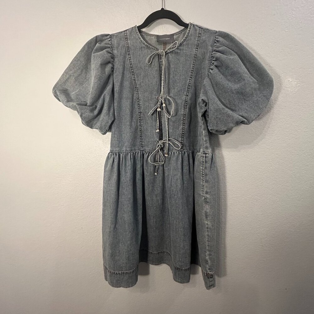 ✨ HUDSON GRAY Blue Denim Puff Sleeve Dress with Ribbon Ties – S/M ✨